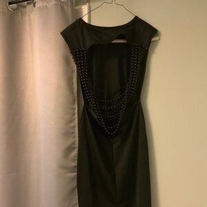 Black Knee Length Pencil Dress with Backless Beaded Design-Size 6